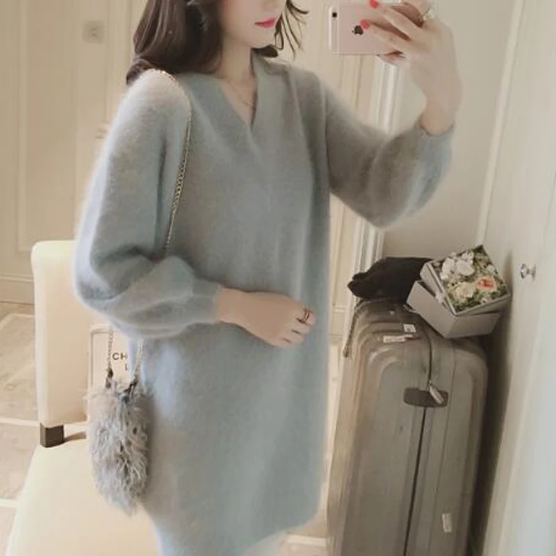 Women Natural Mink Cashmere Sweater Dress V Neck Sexy Long Pullover for lady spring Pink ksr537 | Женская одежда