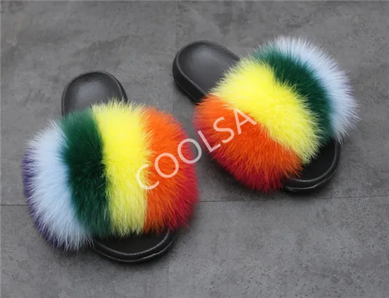 Women's Summer Fur Slippers Indoor Warm Fluffy Plush Home Shoes Woman Real Fox Hair Fur Slides Furry Sandals Female Flip Flops - Color: As shown