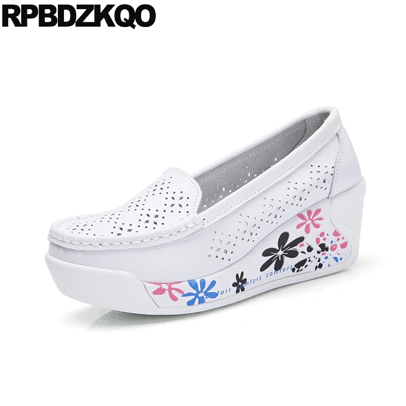 весна осень Толстая подошва плоские медсестра цветочный принт белый женщин лифт