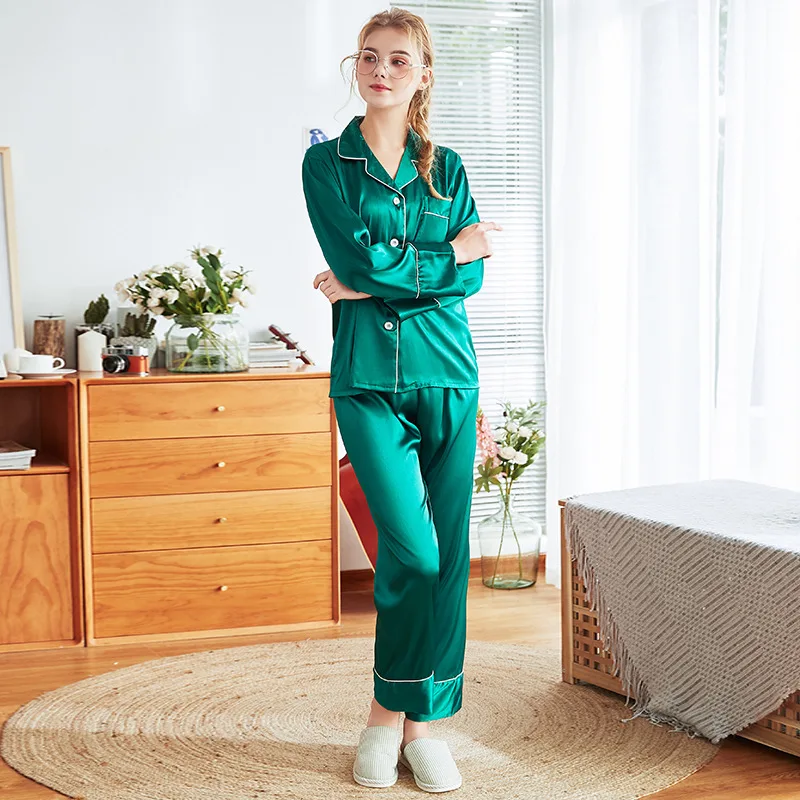 Зеленая летняя шелковистая Пижама для сна женский топ на бретелях Брюки Костюм
