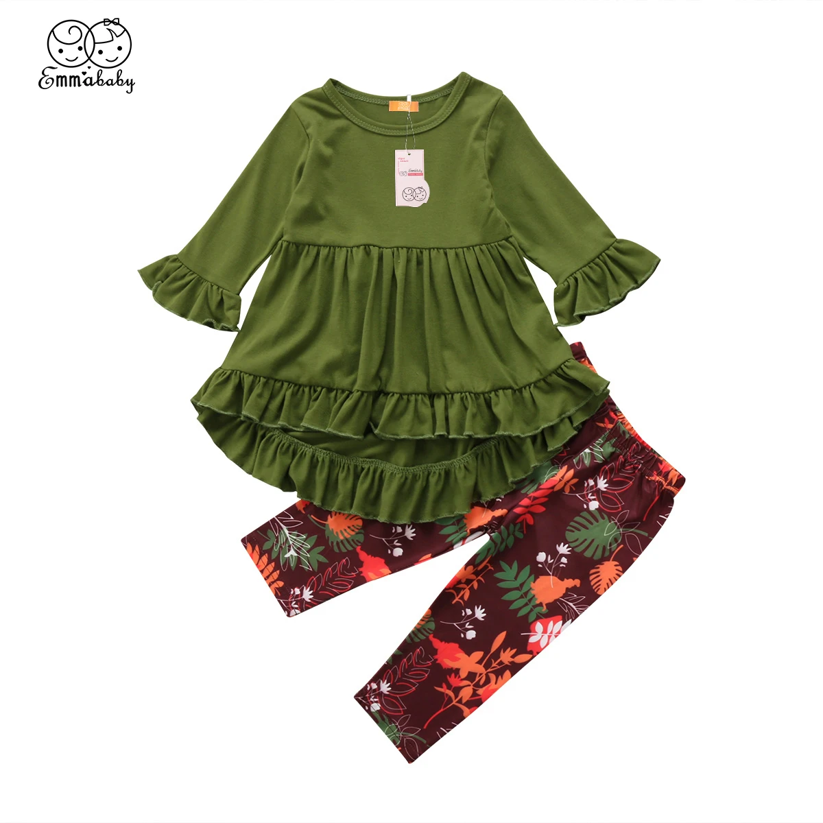 Новый милый комплект одежды для девочек повседневный зеленый топ с рукавами и