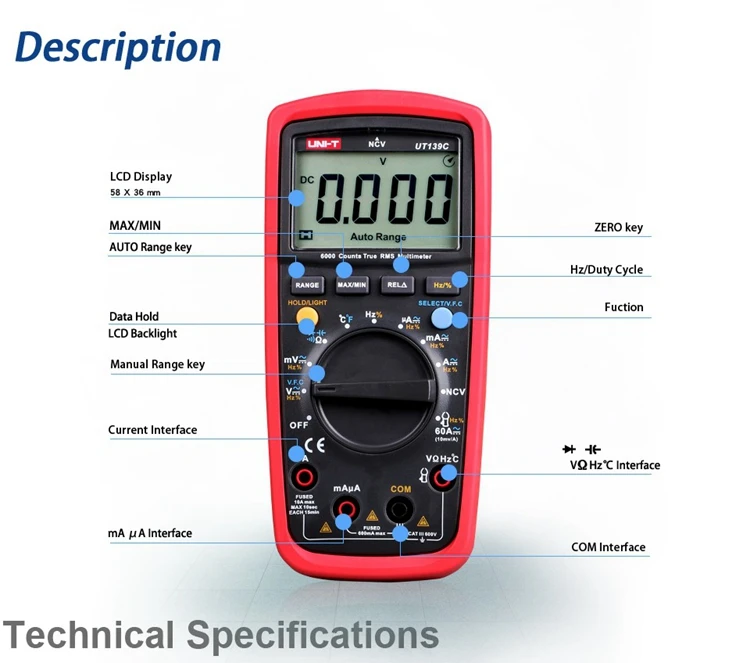 UNI-T UT139C Цифровой мультиметр автоматический диапазон истинного среднеквадратичного значения метр Ручной 6000 Счетчик Вольтметр Сопротивление температура Тест Транзистор