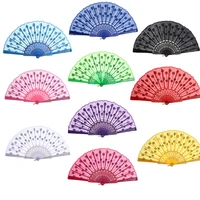 10 pcs lot chinese japanese lace folding fan dance pp plastic cloth silk colorful fans handwaaier gift for home party decor
