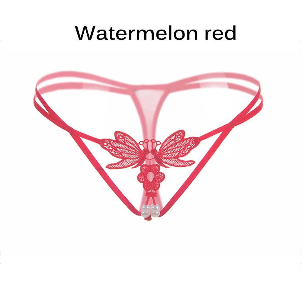 watermelon red Прозрачные кружевные стринги с низкой талией, с жемчугом, с Т-образной спинкой, стринги для женщин, Сексуальное цветочное белье, нижнее белье, трусики, полые трусики на каждый день - Цвет: watermelon red