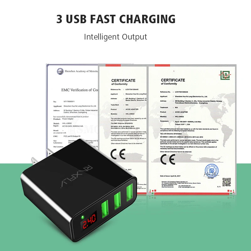 RAXFLY 3 порта USB зарядное устройство для iPhone 7 6 телефона 5 в 3A светодиодный дисплей