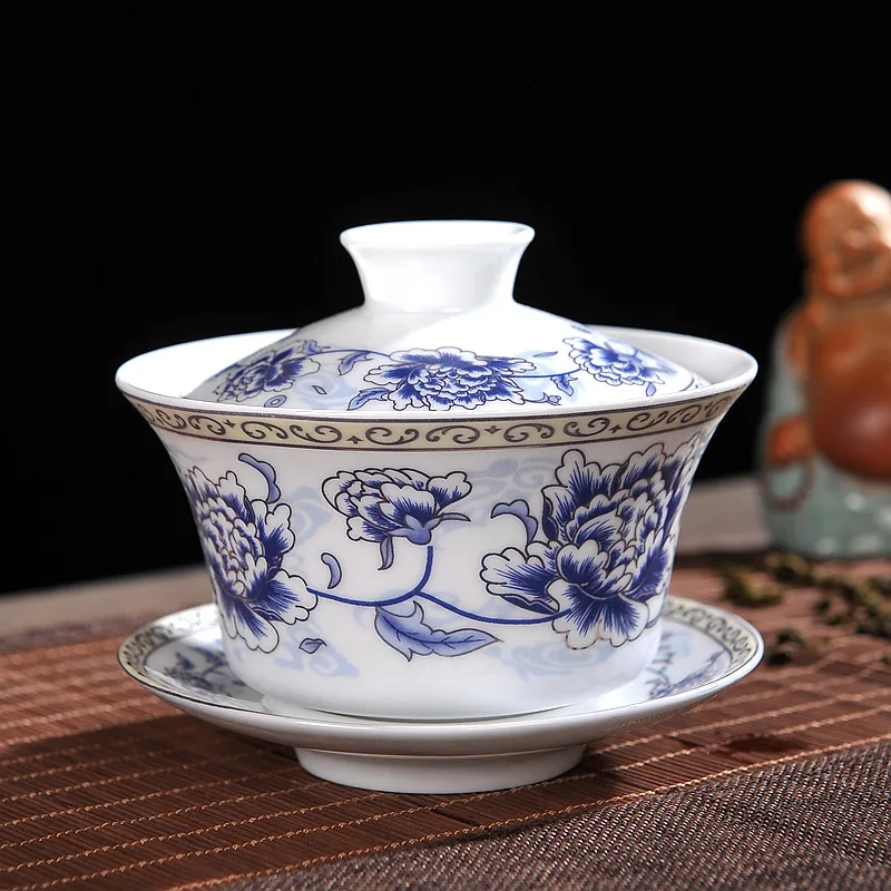 Китайский чайный набор Gaiwan синий и белый фарфоровый кунг фу Tureen керамическая
