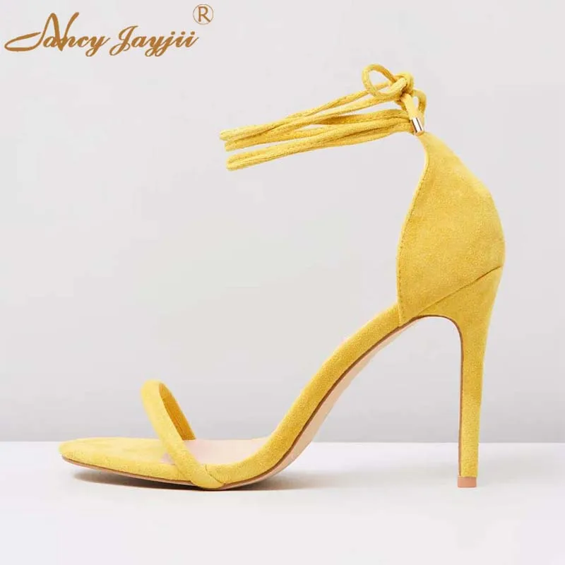 

Women Shoes Ladies Sandals Flock Solid Ankle Strap Lace-Up Wedding/Party Super High thin heels Cover Elegant Fashion Basic 2019