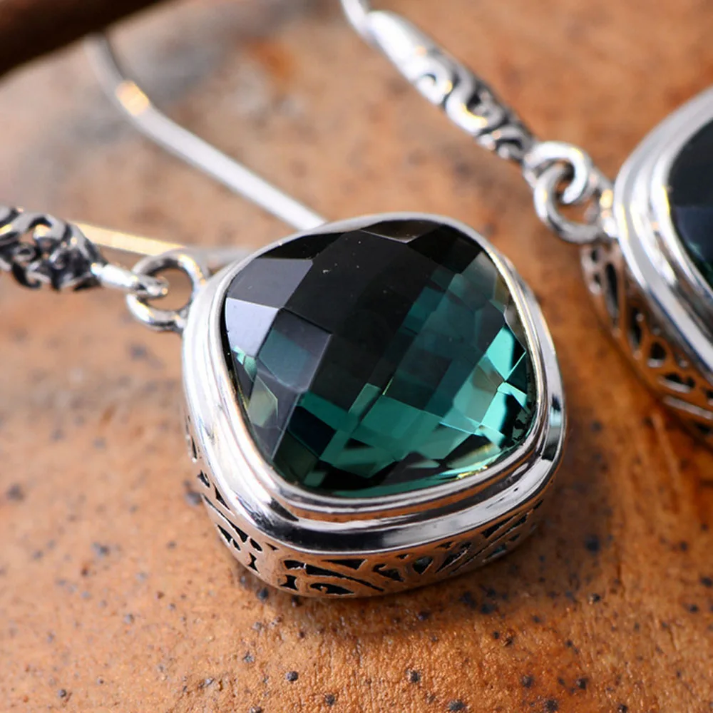 

Jade Angel 925 Silver Square Synthetic Siopside Pendant Dangle Earring Christmas Gifts Mother's Day Gifts Valentine's Day Gift