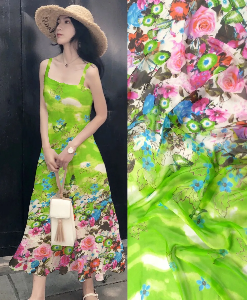 

Japan Senior 100 mulberry silk Fabric flowers print silk chiffon fabric cool air spinners bazin riche getzner wide cotton fabric