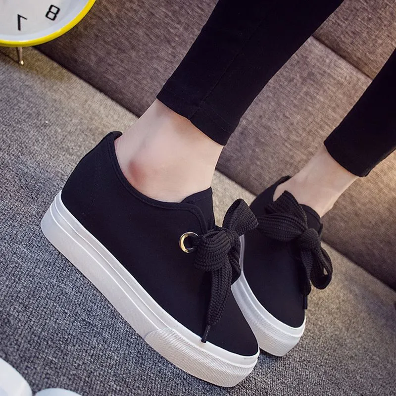 Canvas Platform Sneakers 2022 Fashion Wedge Heel Woman Lace Up Casual Shoes White Womens Vulcanized | Обувь