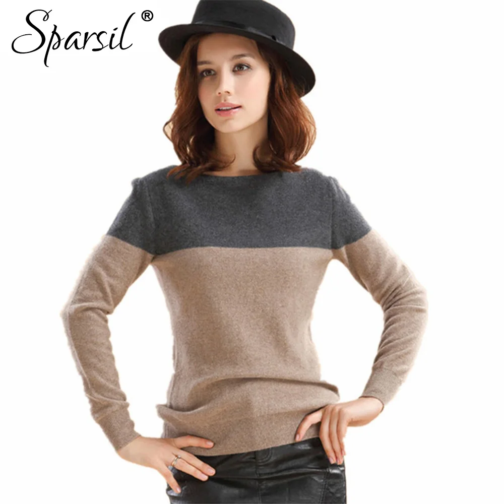 Sparsil женский осенне-зимний кашемировый свитер пэчворк пуловеры с круглым вырезом