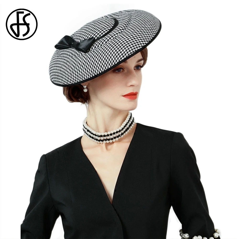 

FS Fascinator Hats For Women Elegant 100% Australia Wool Houndstooth Formal Cocktail Party Wedding Dress Hat Church Felt Fedoras