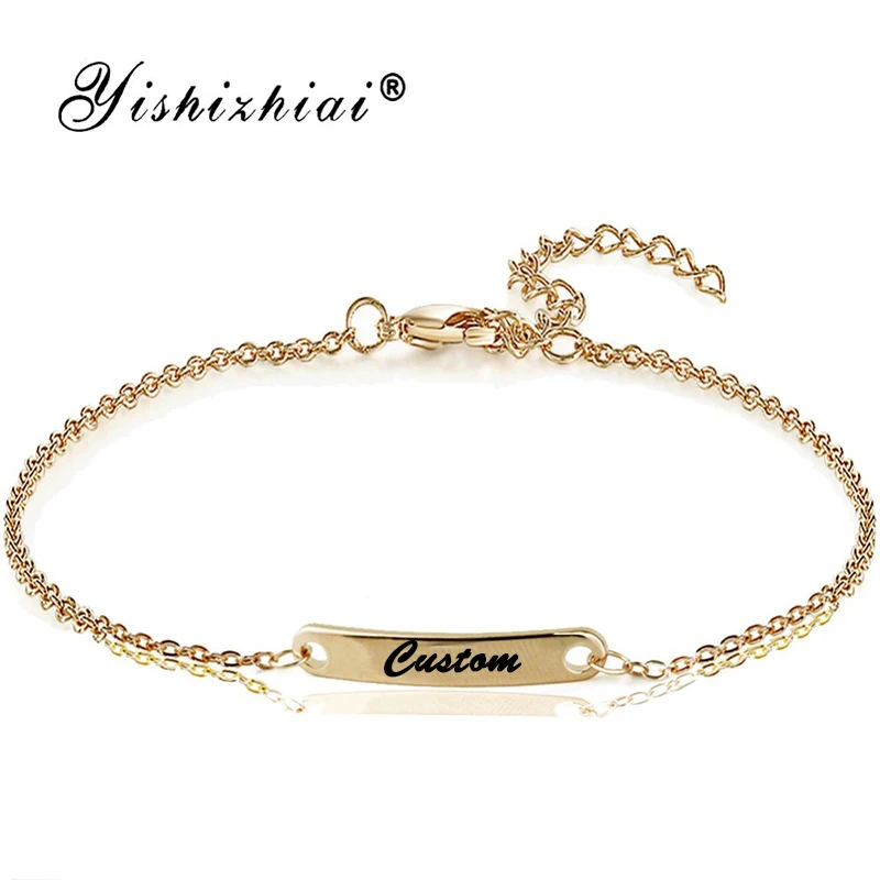 Gold Custom Пользовательское Имя ID бар браслет золото нержавеющая сталь начальный шарм браслеты для женщин персонализировать ювелирные изделия лучшие друзья подарок - Окраска металла: Gold Custom
