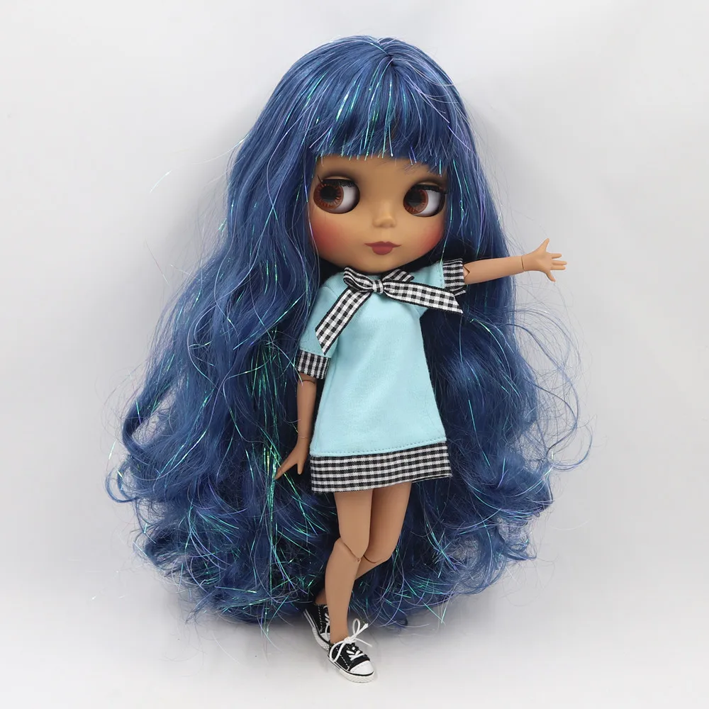 Ледяной DBS Blyth кукольные 1/6 bjd с темной кожи сияющей голубые волосы и матовый