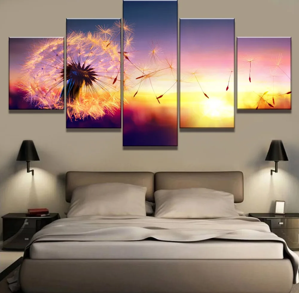 Домашний Декоративный холст картины 5 панелей Большой Одуванчик закат картинки