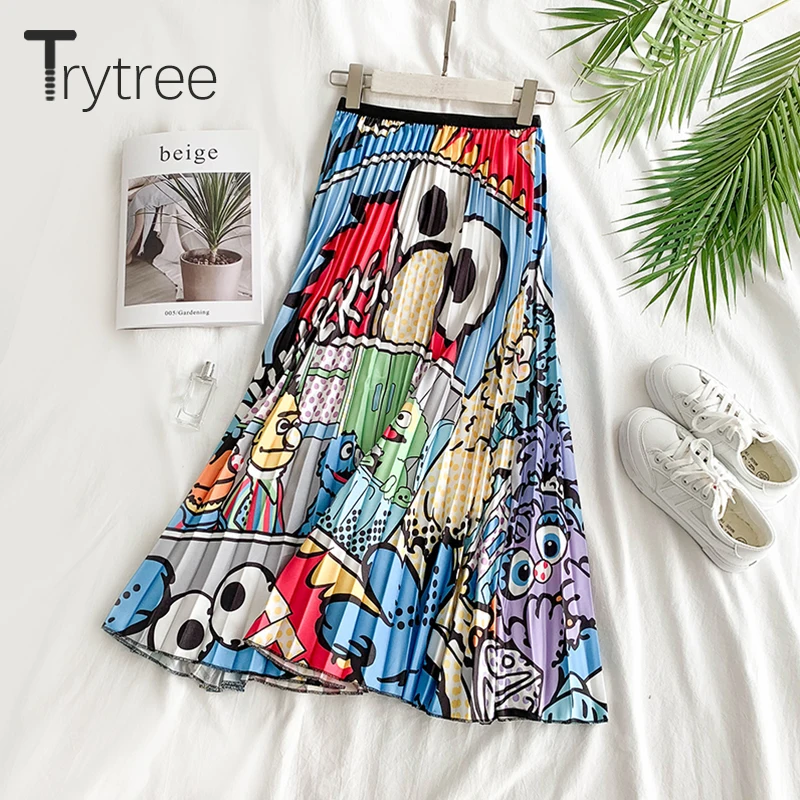 Trytree/Женская гофрирующая юбка на лето и осень с рисунком до середины икры