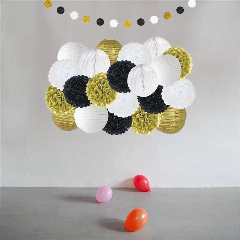 FunPa 22PCS Party Tissue Pom Poms Decorations Paper Balls With Lanterns Honeycomb Hanging Garland Decor | Дом и сад
