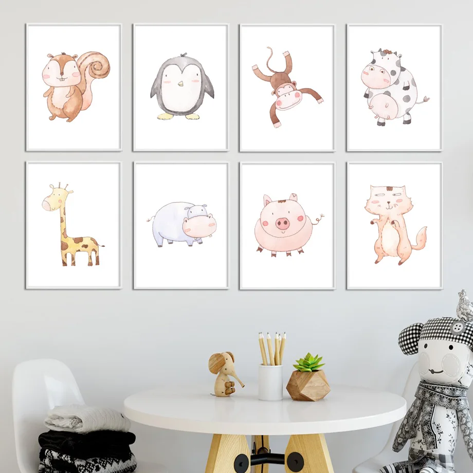 

Hippo Giraffe Elephant Pig Cow penguin Nursery Wall Art Canvas Painting Nordic Poster Art Prints Wall Pictures Kids Room Decor