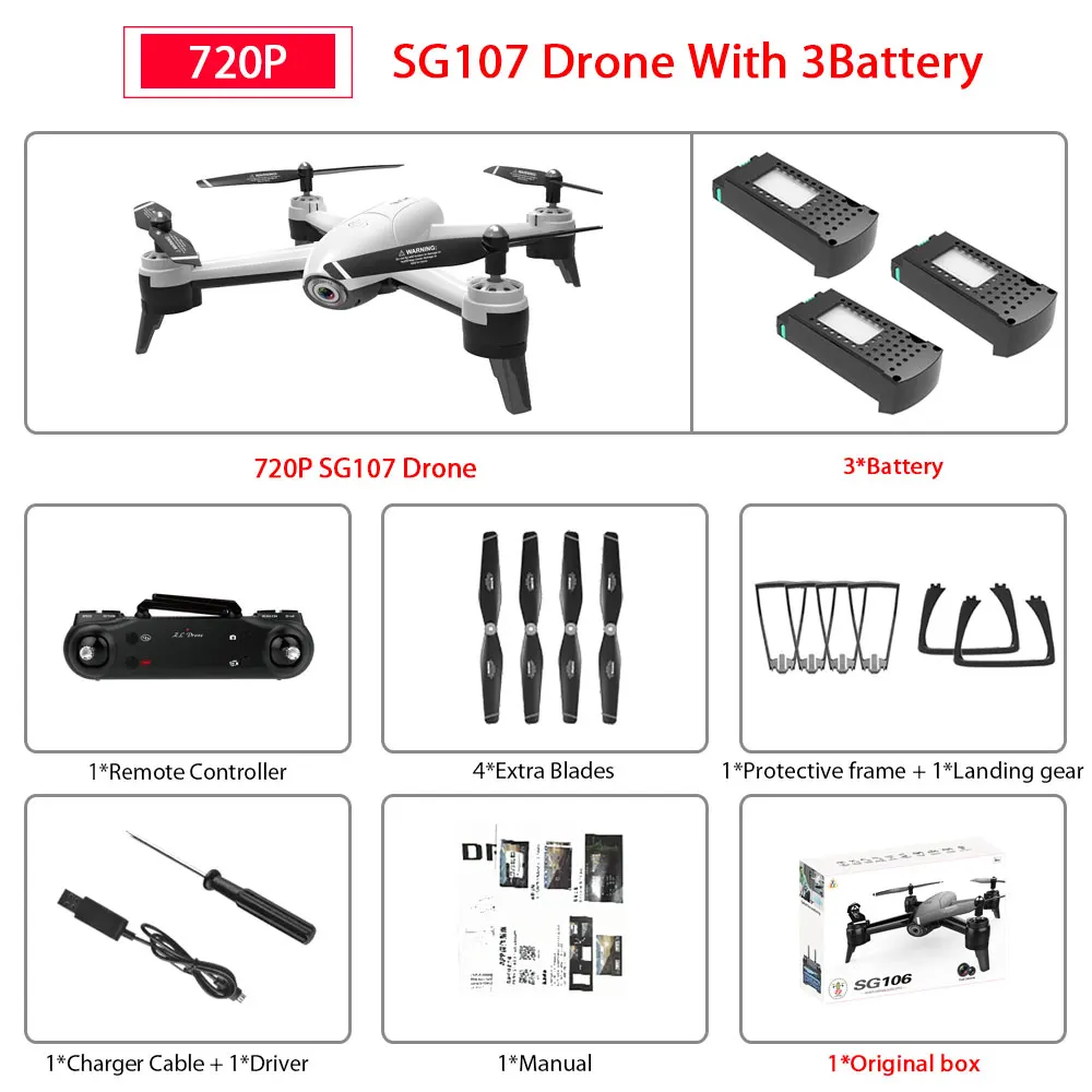 720P White 3Battery SG106 WiFi FPV Радиоуправляемый Дрон с 720P или 1080P или 4K HD двойной камерой оптический поток воздушный видео Радиоуправляемый квадрокоптер для игрушек Детский Радиоуправляемый Дрон - Цвет: 720P White 3Battery