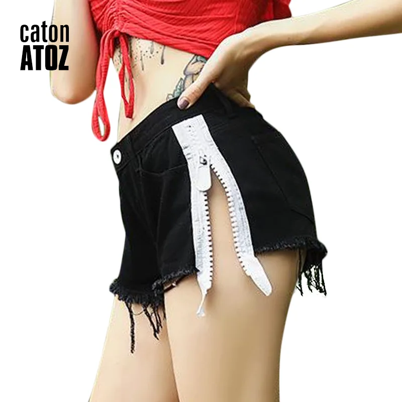 

Женские джинсовые шорты catonATOZ, черные и белые, с боковой молнией, с кисточками, свободные, с высокой талией, сексуальные, в стиле панк, 2192