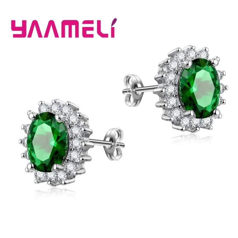 Green Высокое качество, 925 пробы, серебряные серьги-гвоздики, Овальный кубический циркон, кристалл, ювелирное изделие для OL, для женщин, хорошее свадебное ювелирное изделие - Окраска металла: Green