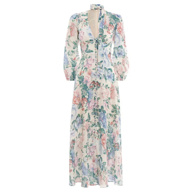as show picture Summer New Fashion Linen Retro Printing V-Neck Single-Breasted Vacation Long Sleeve Dress Women's - Цвет: as show picture