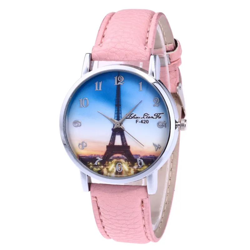 Модные женские часы с рисунком Эйфелевой башни кварцевые кожаным ремешком