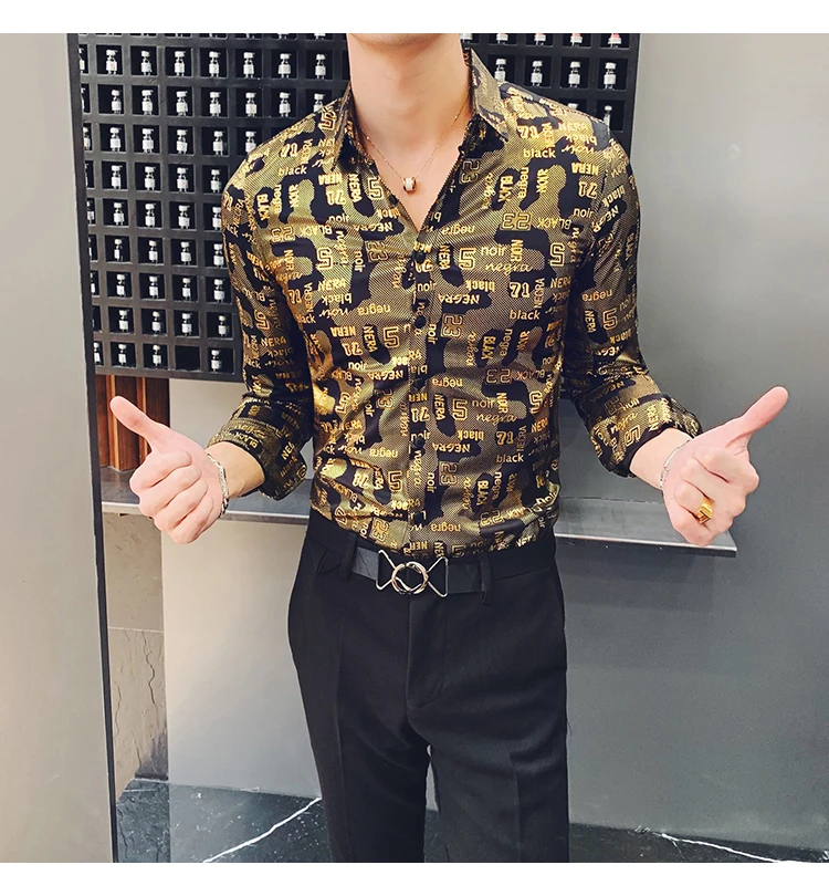 Camisa Social, приталенные, серебристые, золотые, с принтом, рубашки, Camisa MasculinaRopa De Hombre, повседневные рубашки, мужские Клубные рубашки, дизайнерские