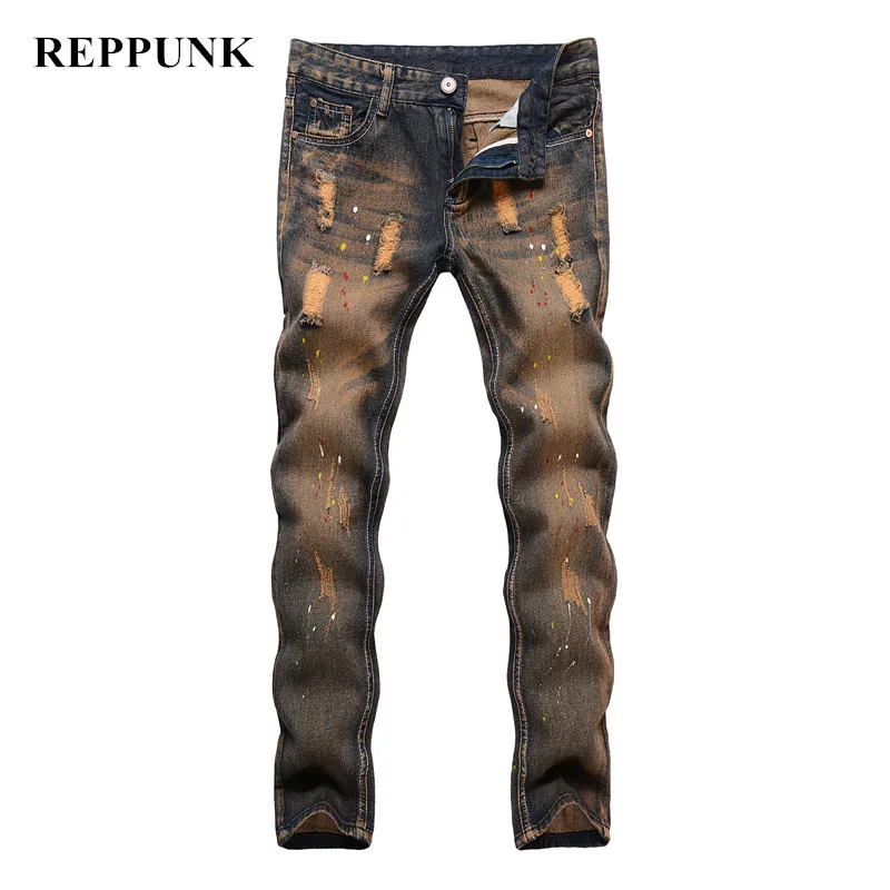 REPPUNK 2018 Новая мода хип хоп желтые чернила мужские индивидуальные джинсы swag