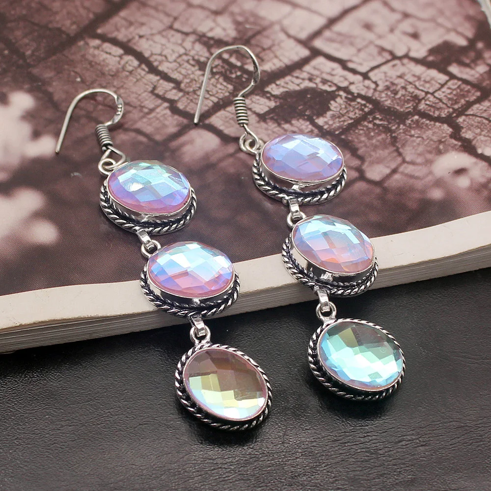 Antique Charms Colorful Shiny Topaz925 Sterling Silver Color Women Dangle Earrings 2 3/4 Inch TF679 Free Shipping | Украшения и
