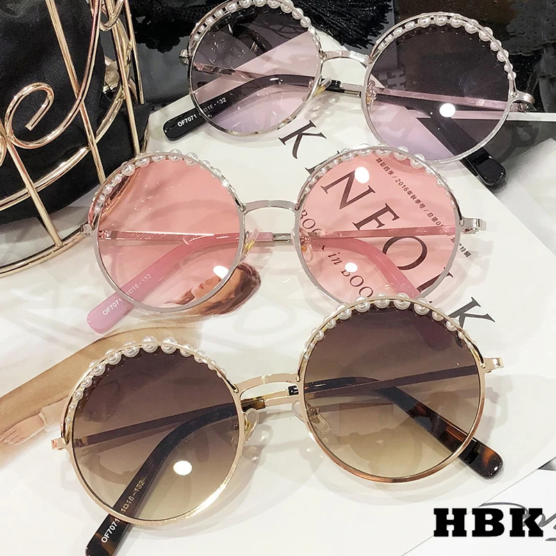 HBK, женские Роскошные жемчужные солнцезащитные очки, круглая металлическая оправа, новинка, модные брендовые дизайнерские шикарный Круглый Солнцезащитные очки для женщин, UV400