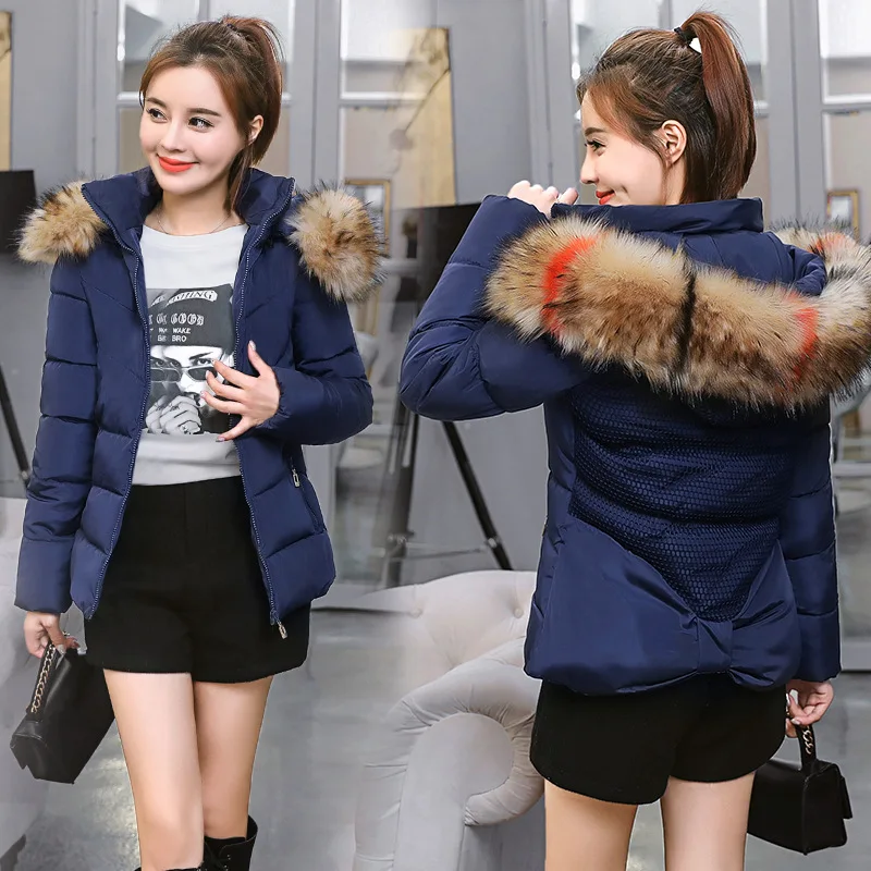Blue color fur Тонкая куртка, женский зимний пуховик, женская модная повседневная короткая куртка с меховым воротником, плотное теплое Женское пальто с шапкой 01NYR26 - Цвет: Blue color fur