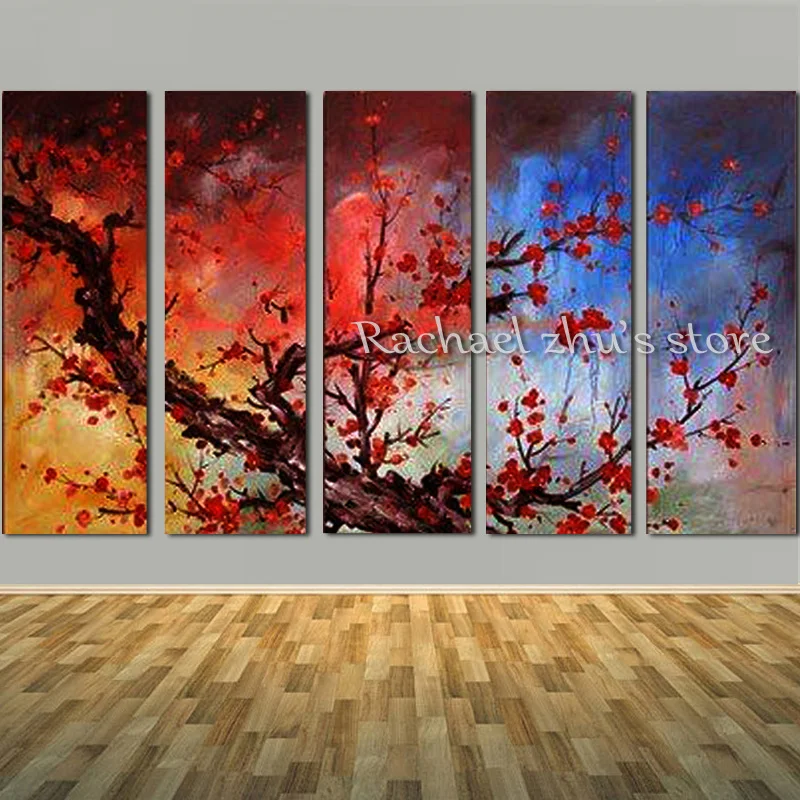 Koop Handgeschilderde 5 Panles Wintersweet Bloem Landschap Olieverfschilderij Landschap Picturer Voor Woonkamer Interieur