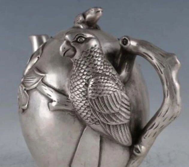 Chinese Copper Silver Hand Carved Bird Flower frog Teapot wine pot Antiques | Дом и сад