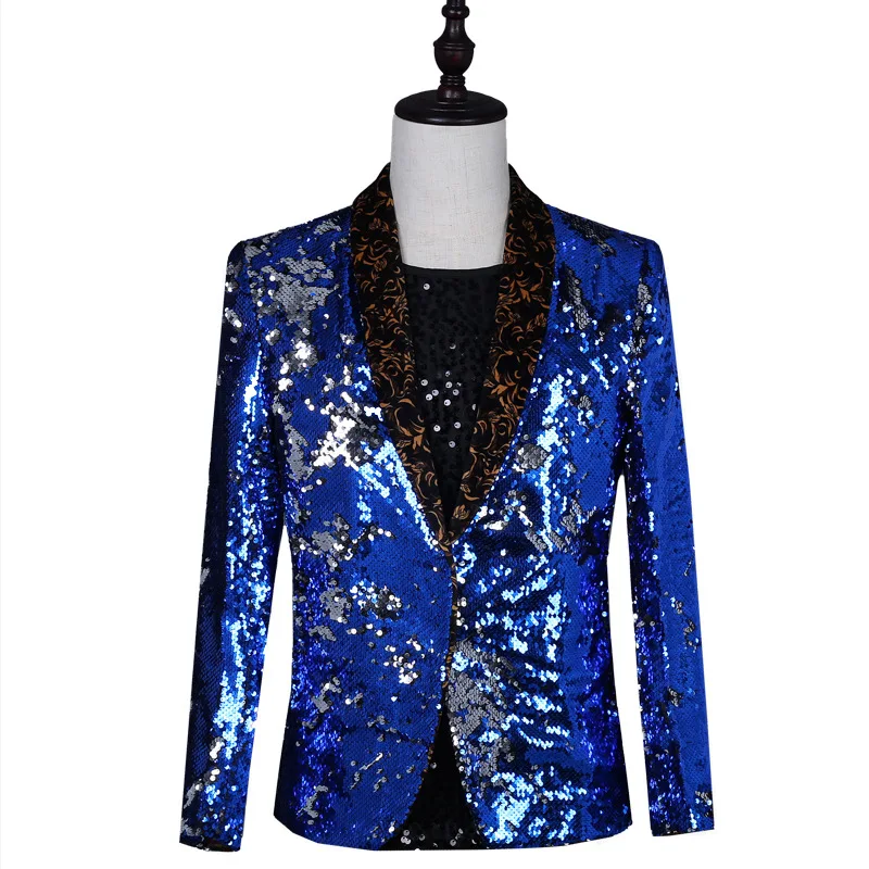 

Host uniform costume new night bar stage DJ performance clothing male singer two-color colorful sequins Slim suit costumes