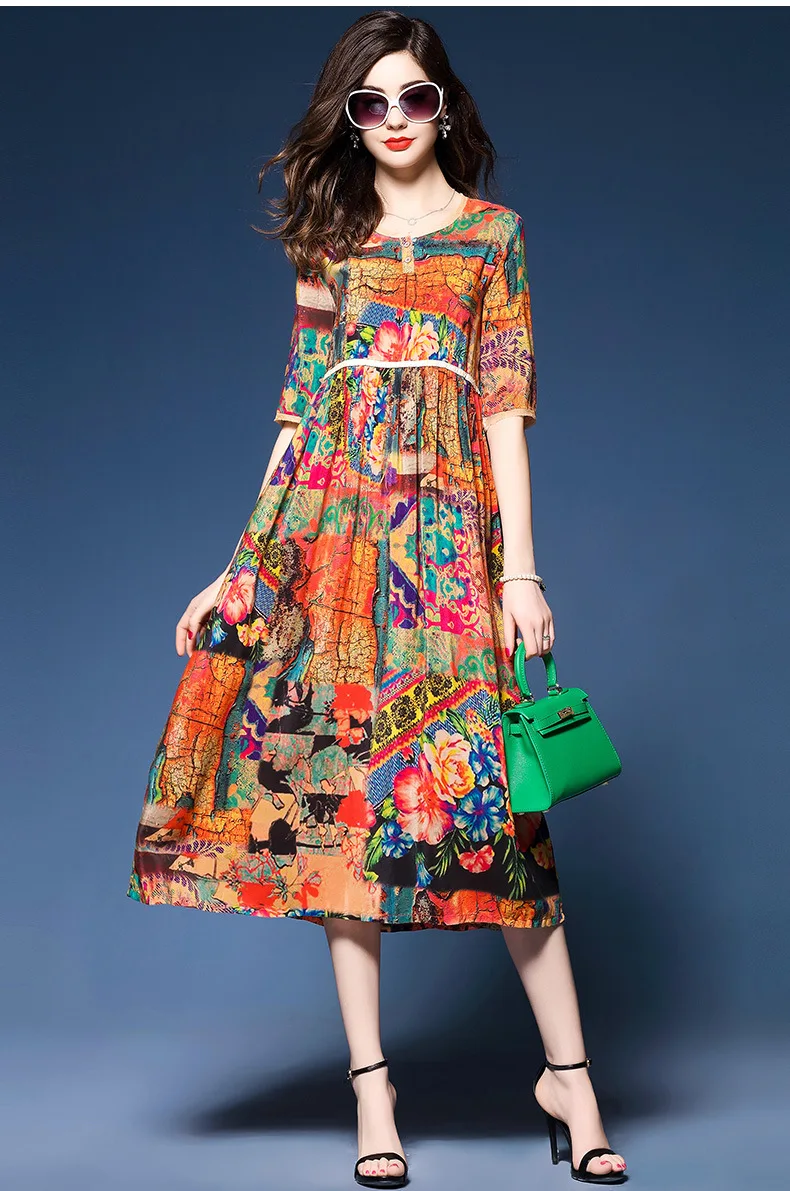 2017 O-Neck Summer Autumn High Qualit New Fashion Silk Crepe Big Print Empire Style Long Dress | Женская одежда