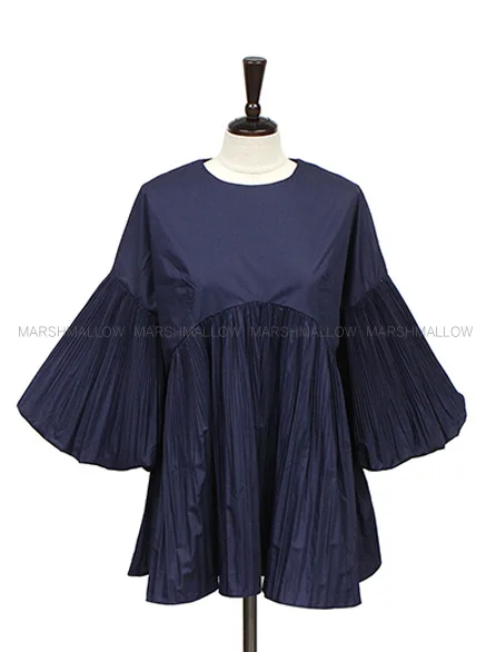 2017 new autumn collection three quarter puff sleeve crimp bouffancy shirt top blouse o-neck solid blue loose wide fit |