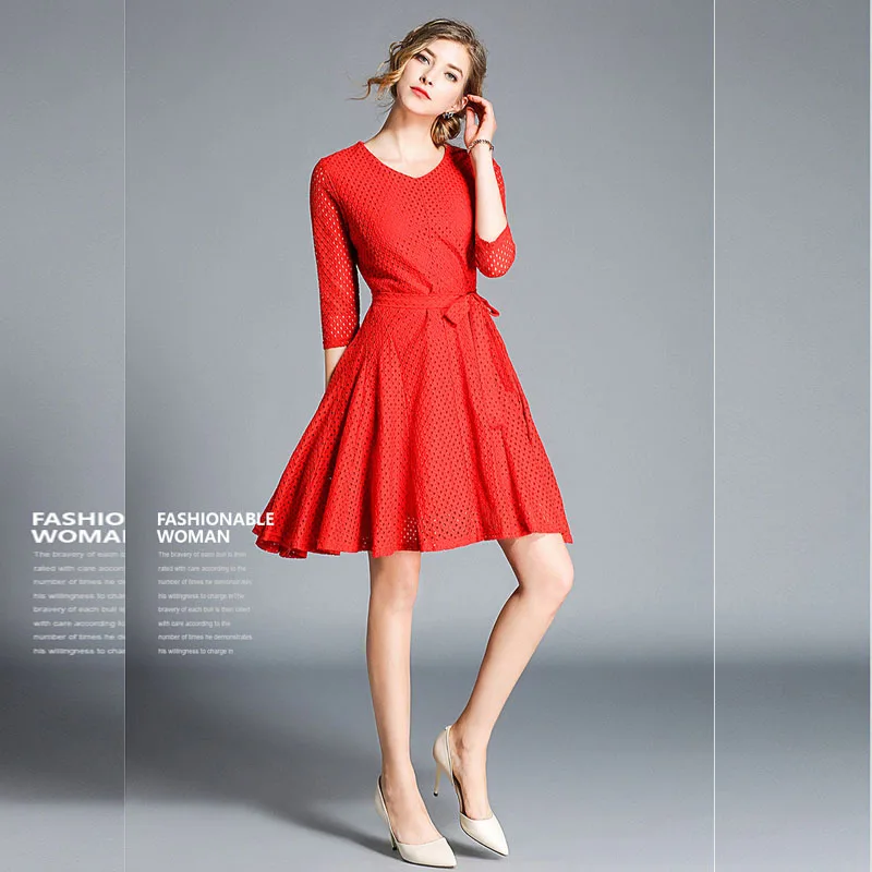 Для женщин Лето-Line вечерние платье 2018 Мода Тонкий Красный Кружева лоскутное