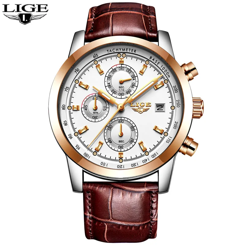 L rose gold white LIGE мужские s часы Топ бренд класса люкс кожа повседневные кварцевые часы мужские военные спортивные водонепроницаемые часы золотые часы Relogio Masculino - Цвет: L rose gold white