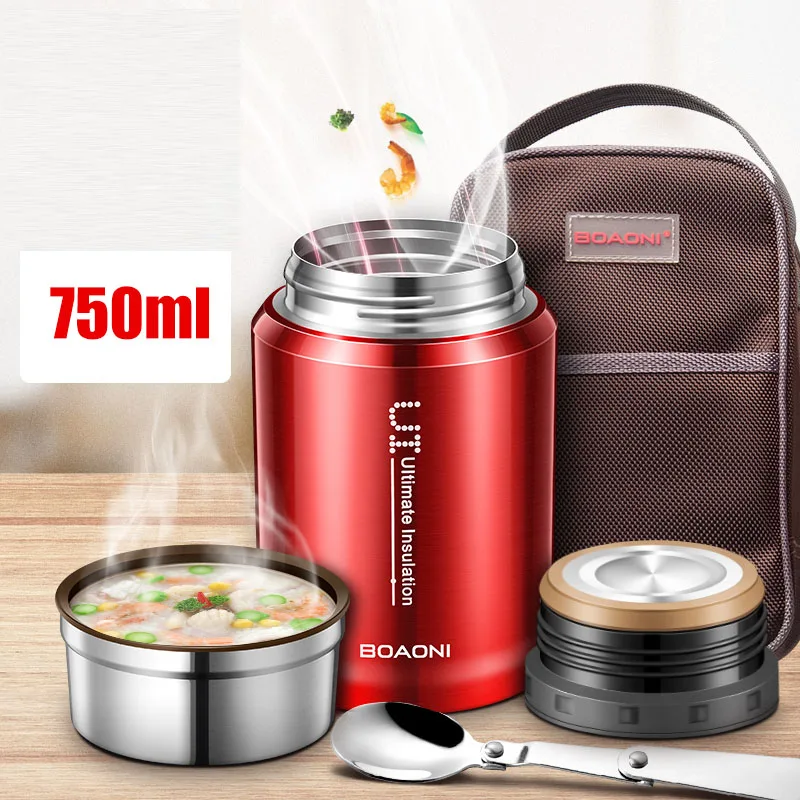 as picture 750ml BOAONI, 750 мл, термос, банка для еды с вакуумной изоляцией, нержавеющая сталь, термо-бокс для кухни, контейнер для еды, сохраняющий тепло, со складной ложкой - Цвет: as picture 750ml