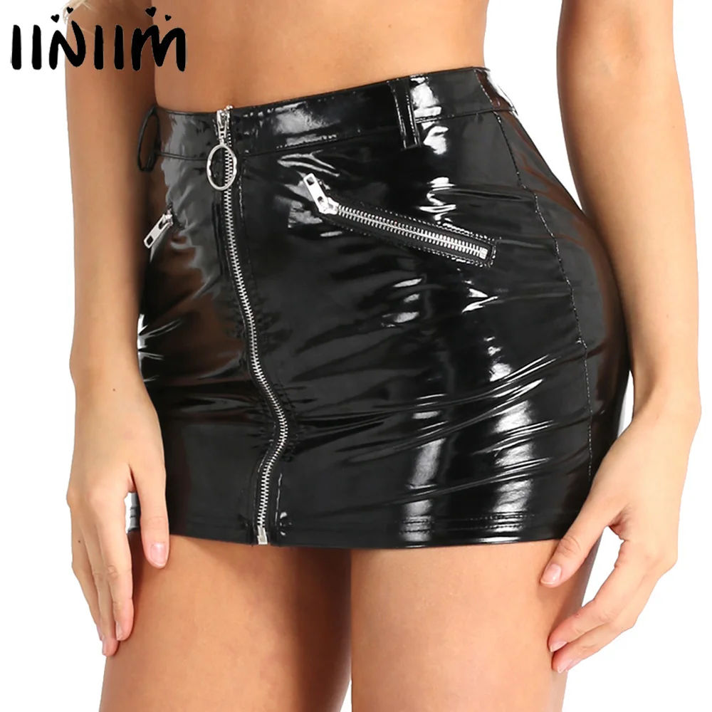 Женские костюмы Wetlook эластичные юбки из искусственной кожи с фальш молнией и