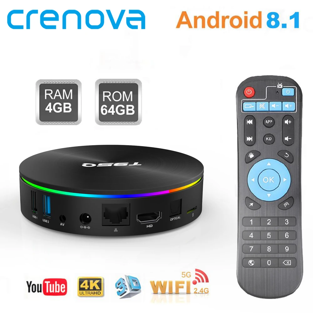 ТВ приставка crenovo Android 8 1 S905X2 4 ГБ 32 64 Гб Поддержка 2 4G 5 8G Dual Wi Fi Bluetooth T95Q 3D K Smart TV