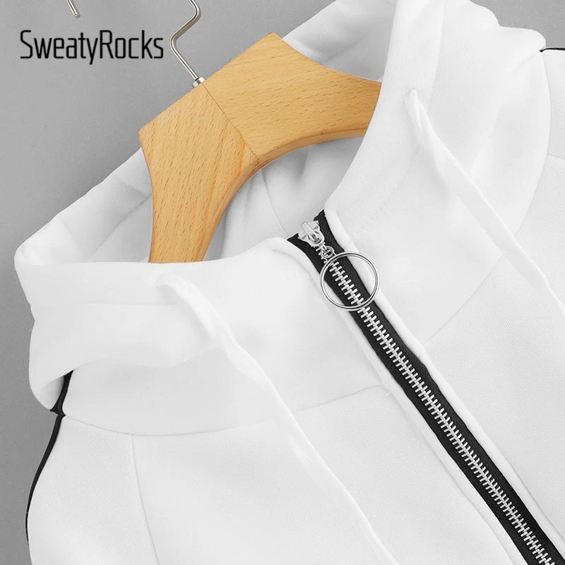SweatyRocks белая ветровка на молнии с рукавом реглан уличная куртка-бомбер с капюшоном женская спортивная одежда пальто и куртки
