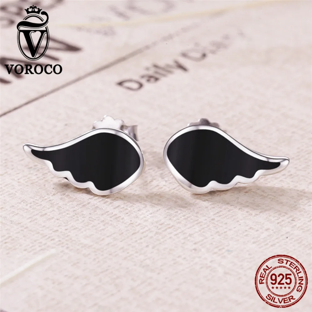 Voroco натуральная 925 Sterling Silver Wings Chic Черная Эмаль Серьги-гвоздики для Для женщин
