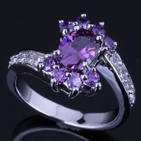 attractive flower purple cubic zirconia white cz silver plated ring v0678