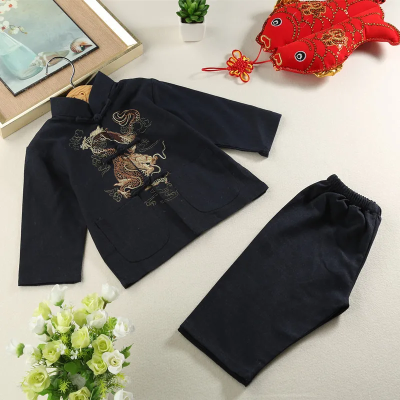 ActhInK Baby Boys Dragon Embroidery Cotton&ampLinen Han Chinese Clothing Brand Kids Retro Style Costume Set MC117 | Детская одежда и