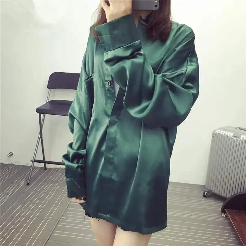 Женская атласная рубашка зеленая винтажная блузка с длинным рукавом C4809| |