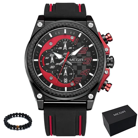 black red Megir часы Для мужчин лучший бренд люкс кварцевые часы мужчин модные силиконовой лентой Спортивные Часы Мальчики студент хронограф часы мужские наручны - Цвет: black red