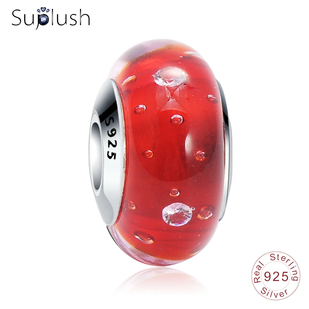 Suplush Аутентичные стерлингового серебра 925 красный прозрачный CZ муранский бисер