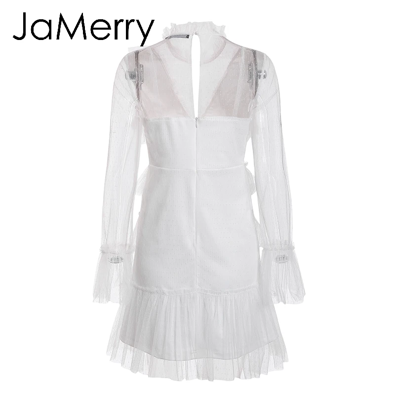 JaMerry, винтажное, сексуальное, Сетчатое, в горошек, женское, белое платье, летнее, с длинным рукавом, облегающее, короткое, мини платье, элегантное, для знаменитостей, для вечеринки